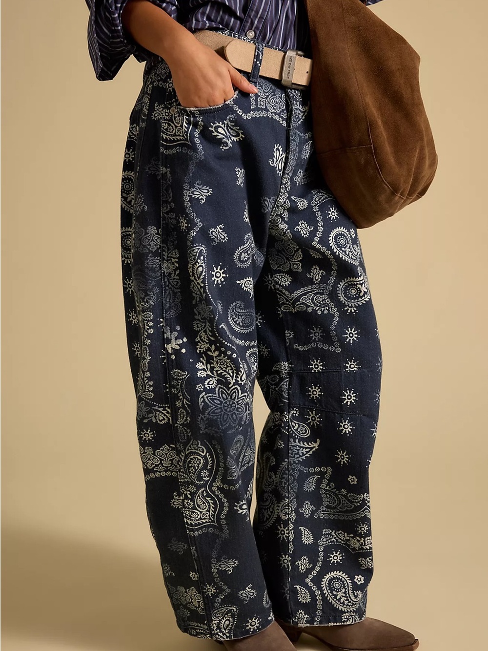 We The Free Good Luck Printed Barrel Jeans in navy bandanna